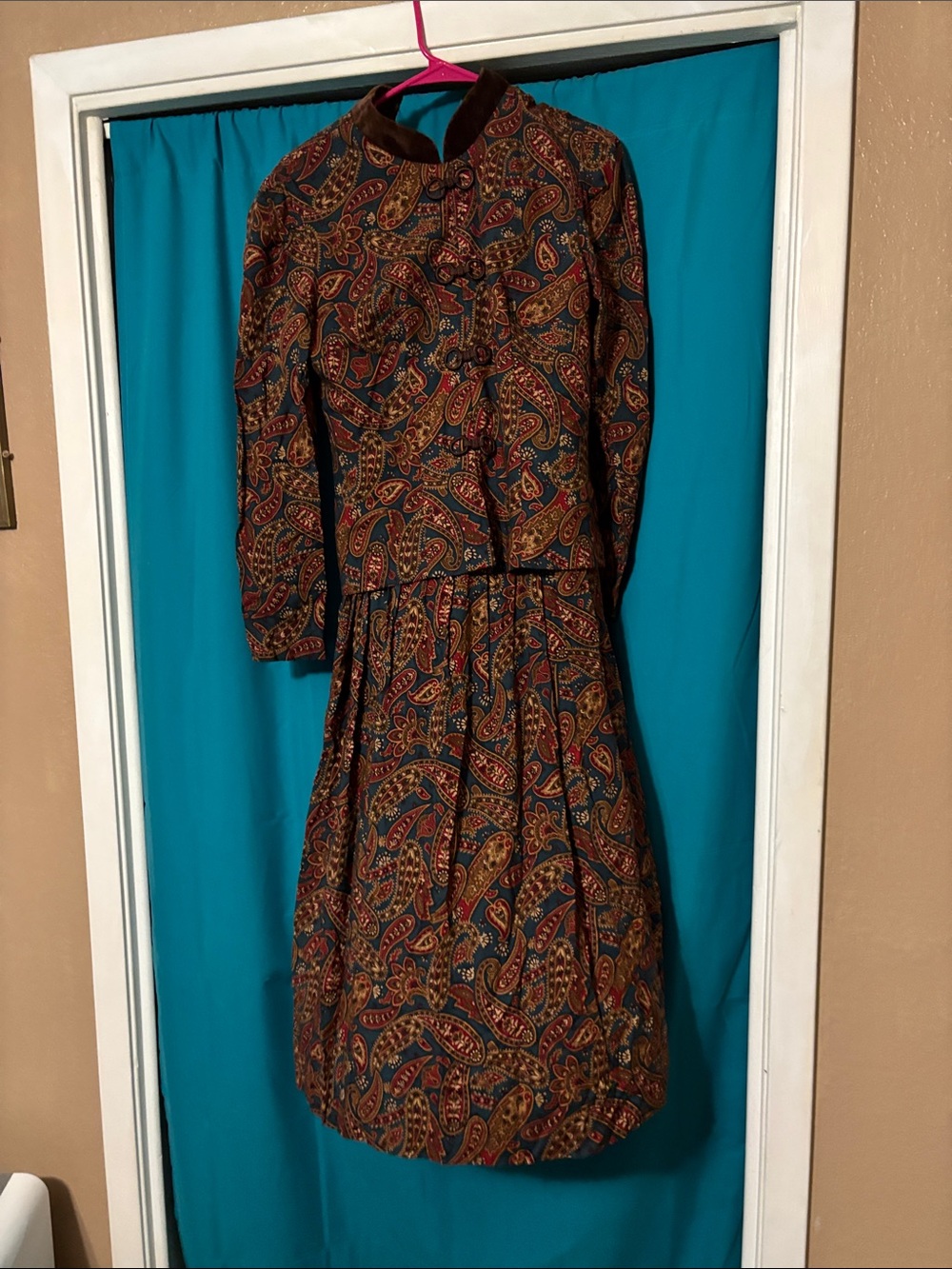 karin stevens Paisley Long Sleeve Midi Dress in Burgundy, Navy & Gold